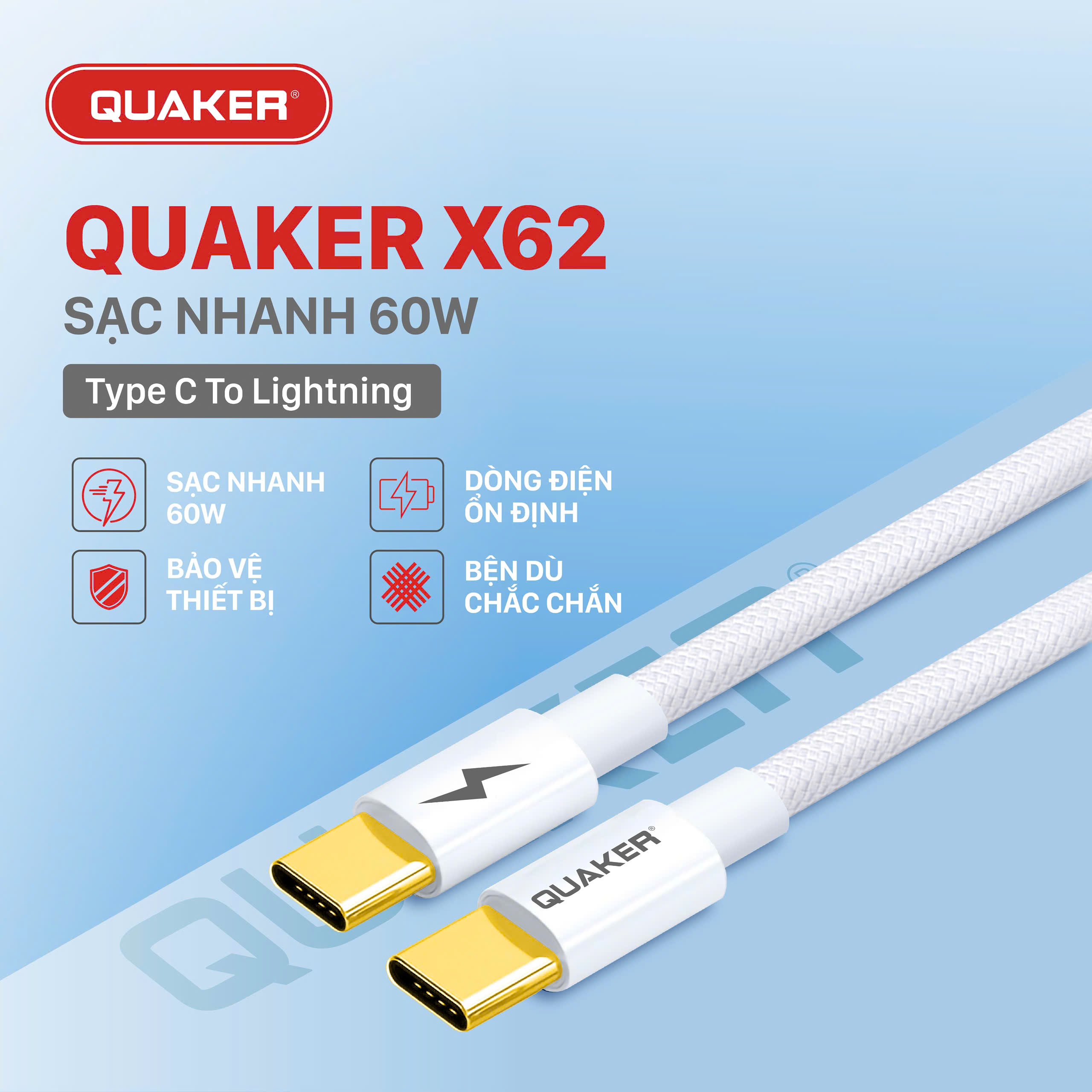 Cáp Sạc Dù Quaker X62 60W Type-C to Type-C