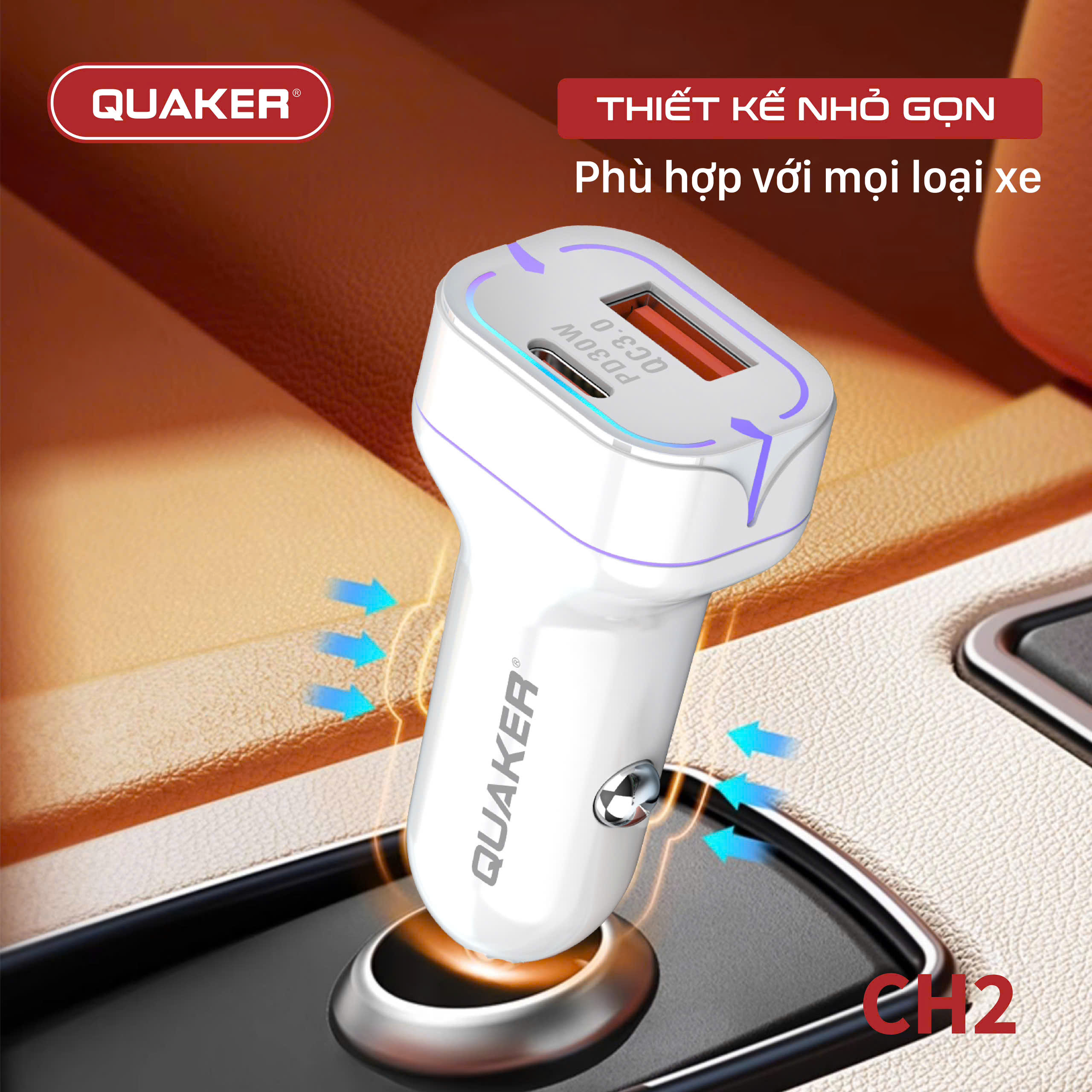 Sạc Xe Hơi Thông Minh Quaker CH2 – 2 Cổng USB & Type-C 48W