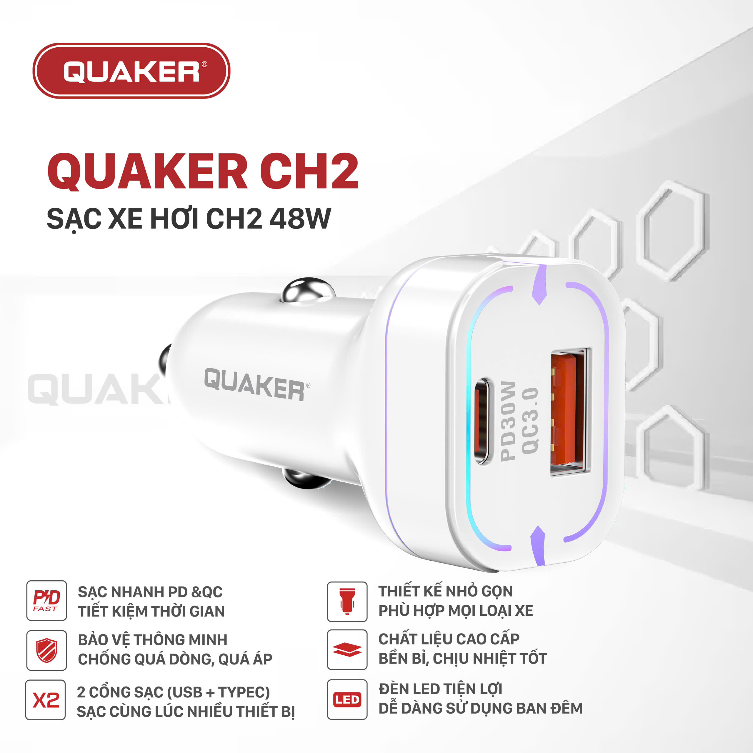 Sạc Xe Hơi Thông Minh Quaker CH2 – 2 Cổng USB & Type-C 48W