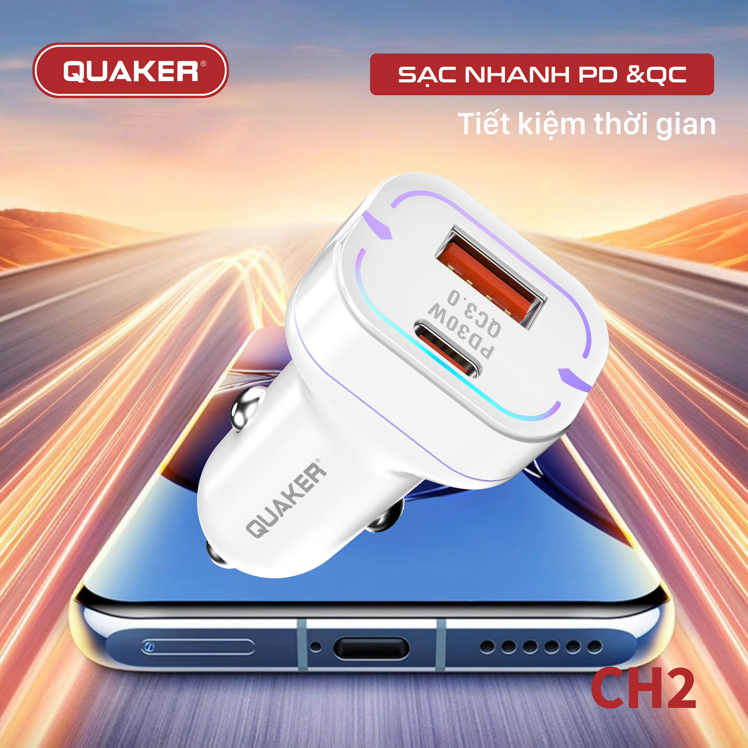 Sạc Xe Hơi Thông Minh Quaker CH2 – 2 Cổng USB & Type-C 48W