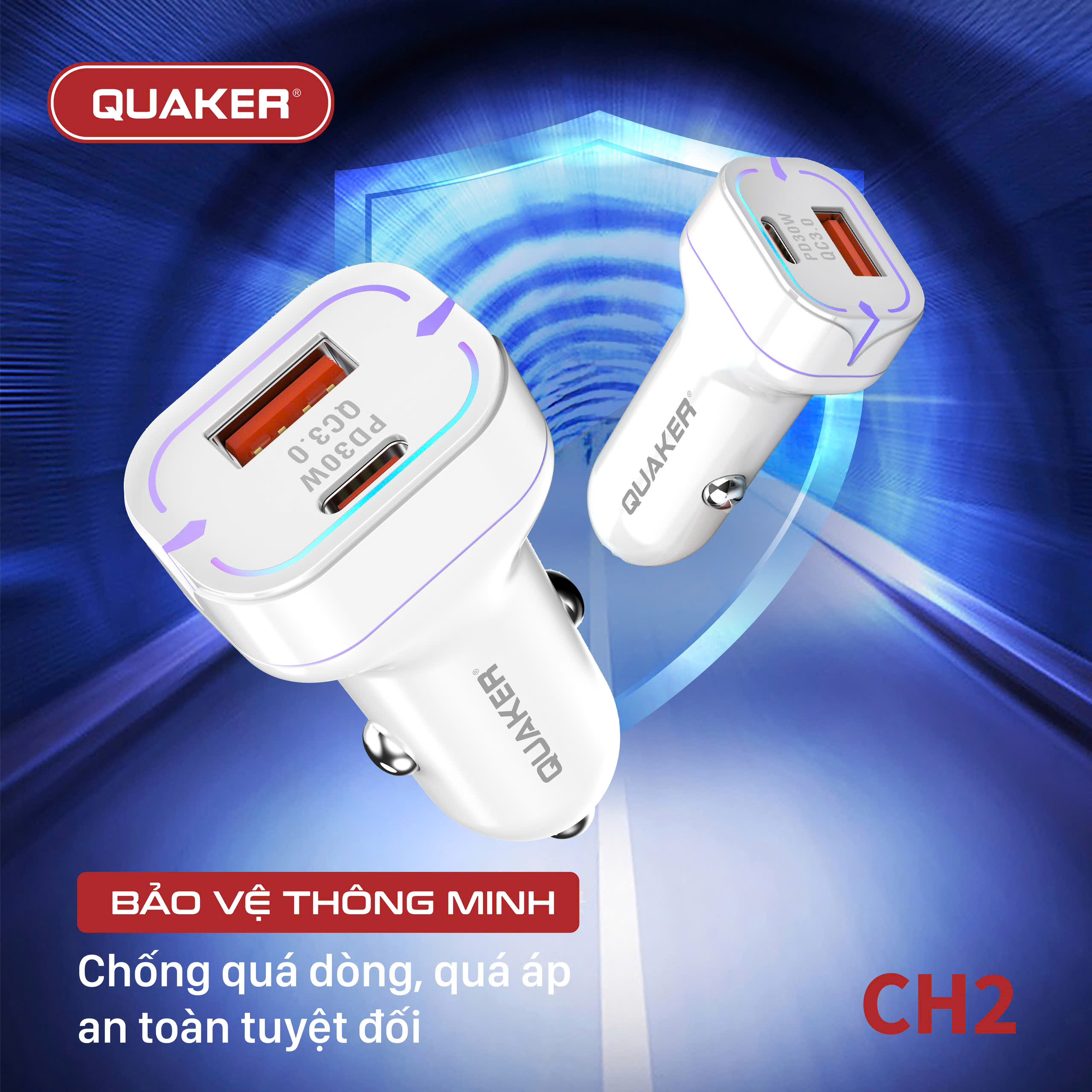 Sạc Xe Hơi Thông Minh Quaker CH2 – 2 Cổng USB & Type-C 48W