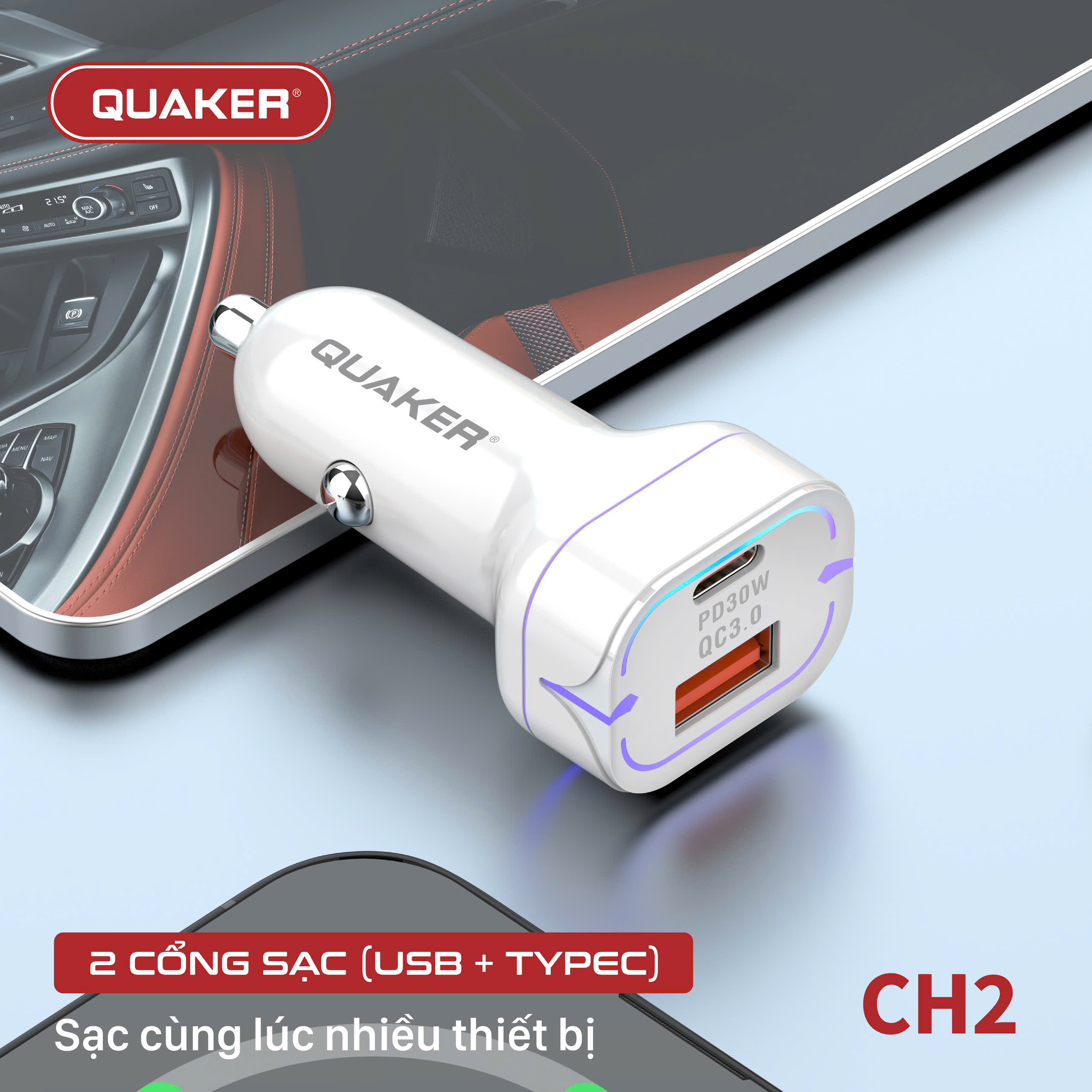 Sạc Xe Hơi Thông Minh Quaker CH2 – 2 Cổng USB & Type-C 48W