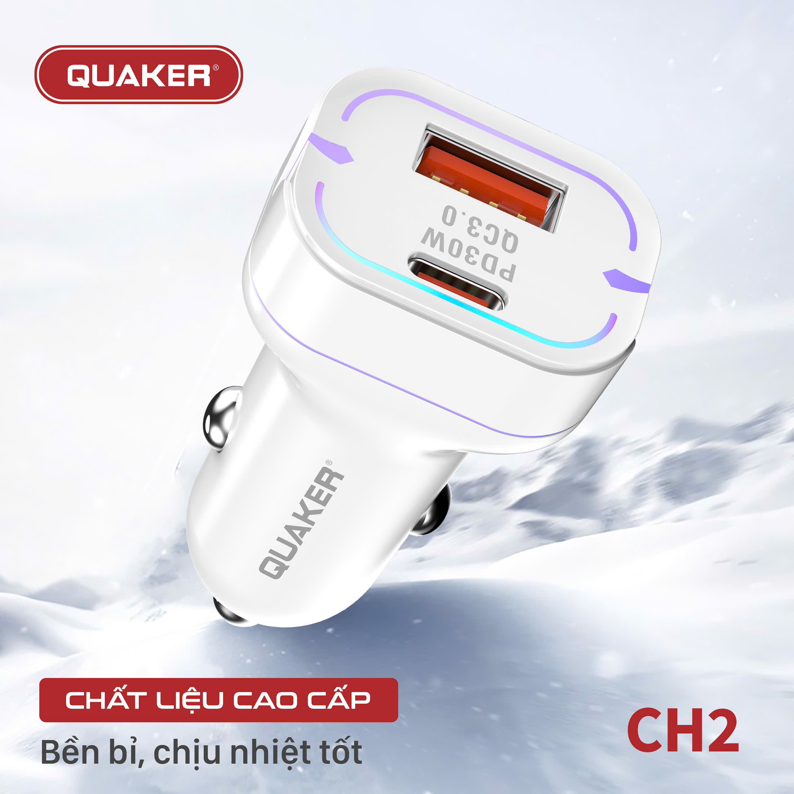 Sạc Xe Hơi Thông Minh Quaker CH2 – 2 Cổng USB & Type-C 48W