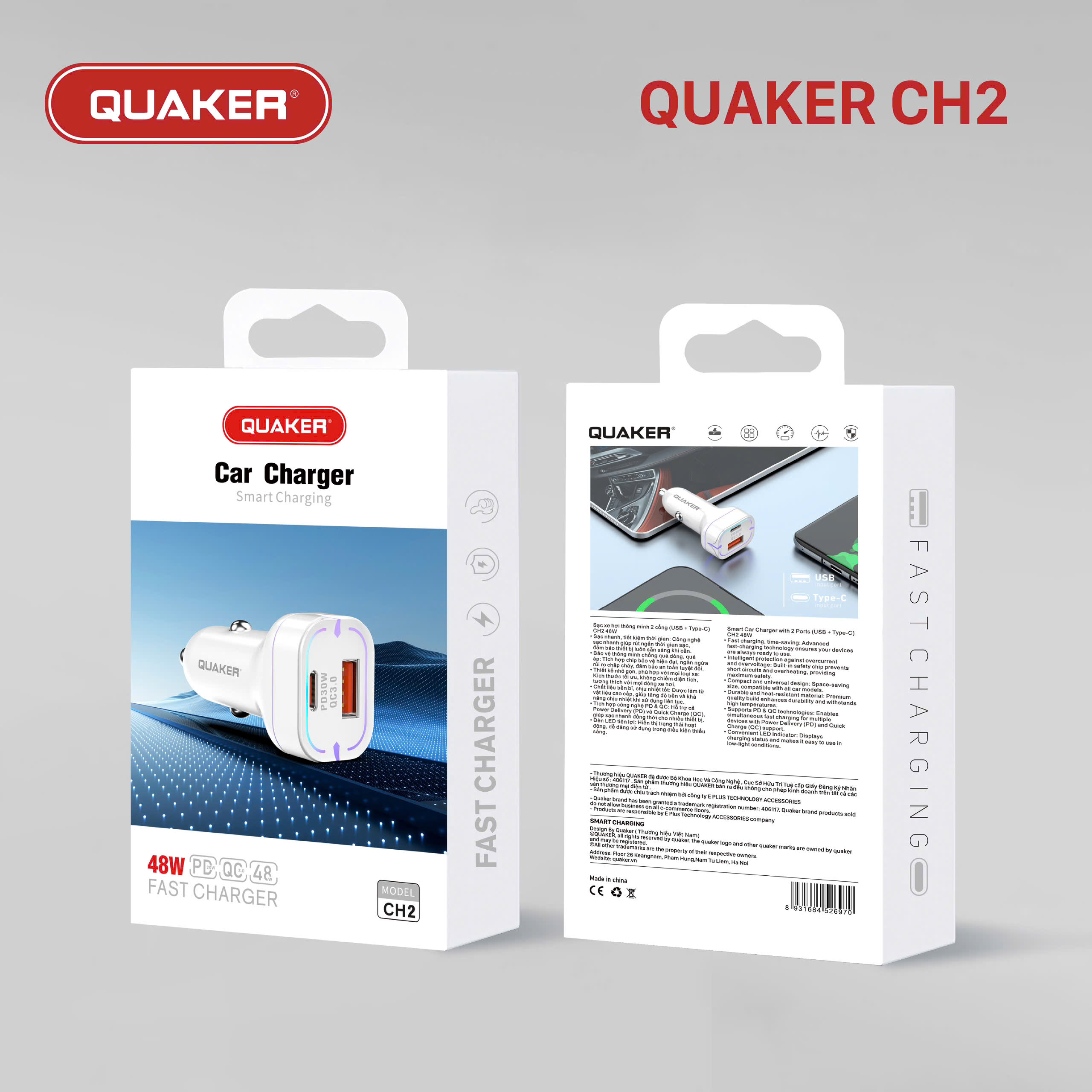 Sạc Xe Hơi Thông Minh Quaker CH2 – 2 Cổng USB & Type-C 48W