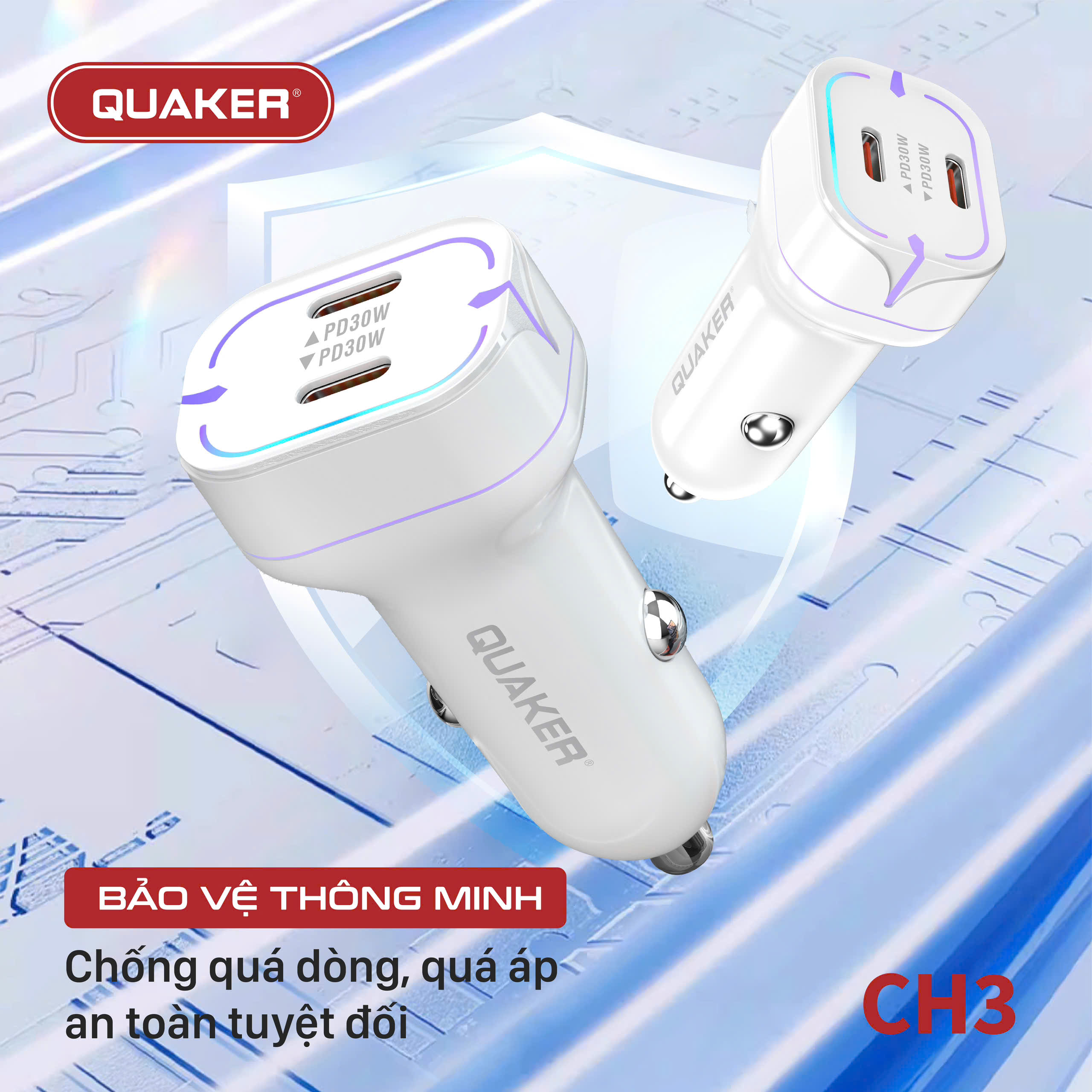 Sạc Xe Hơi Thông Minh Quaker CH3 – 2 Cổng Type-C, 60W