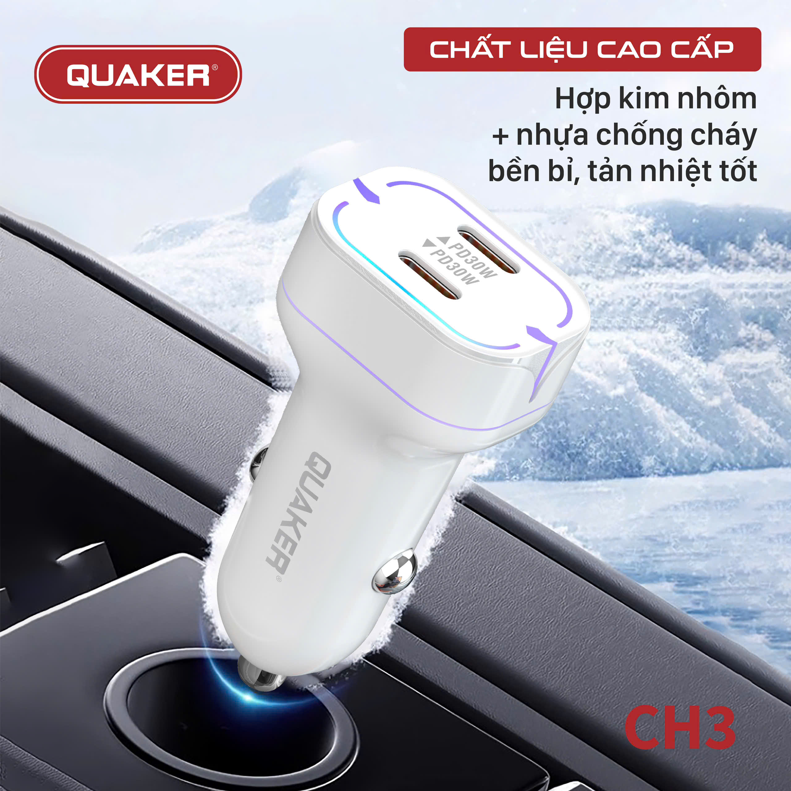 Sạc Xe Hơi Thông Minh Quaker CH3 – 2 Cổng Type-C, 60W