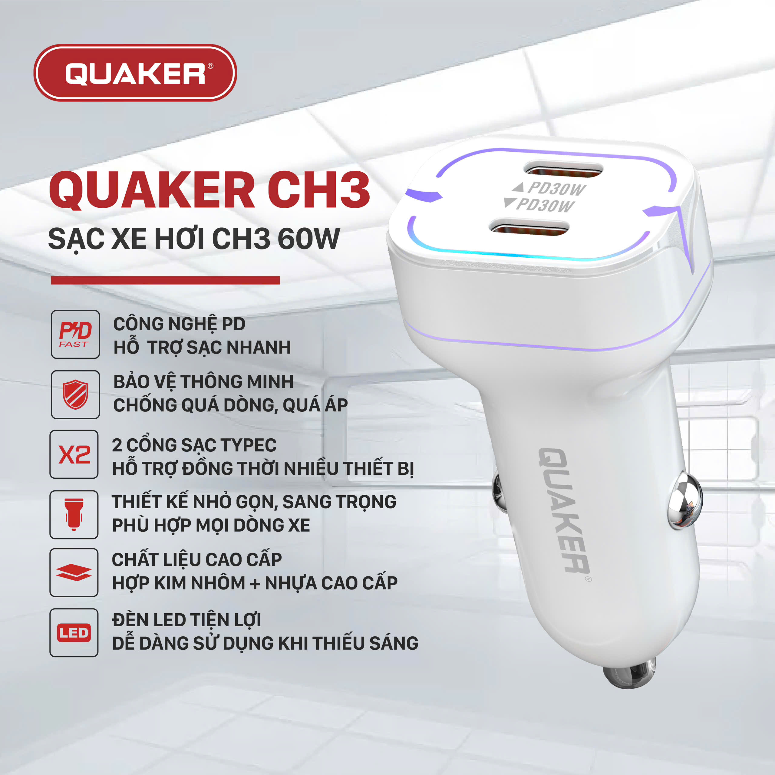 Sạc Xe Hơi Thông Minh Quaker CH3 – 2 Cổng Type-C, 60W