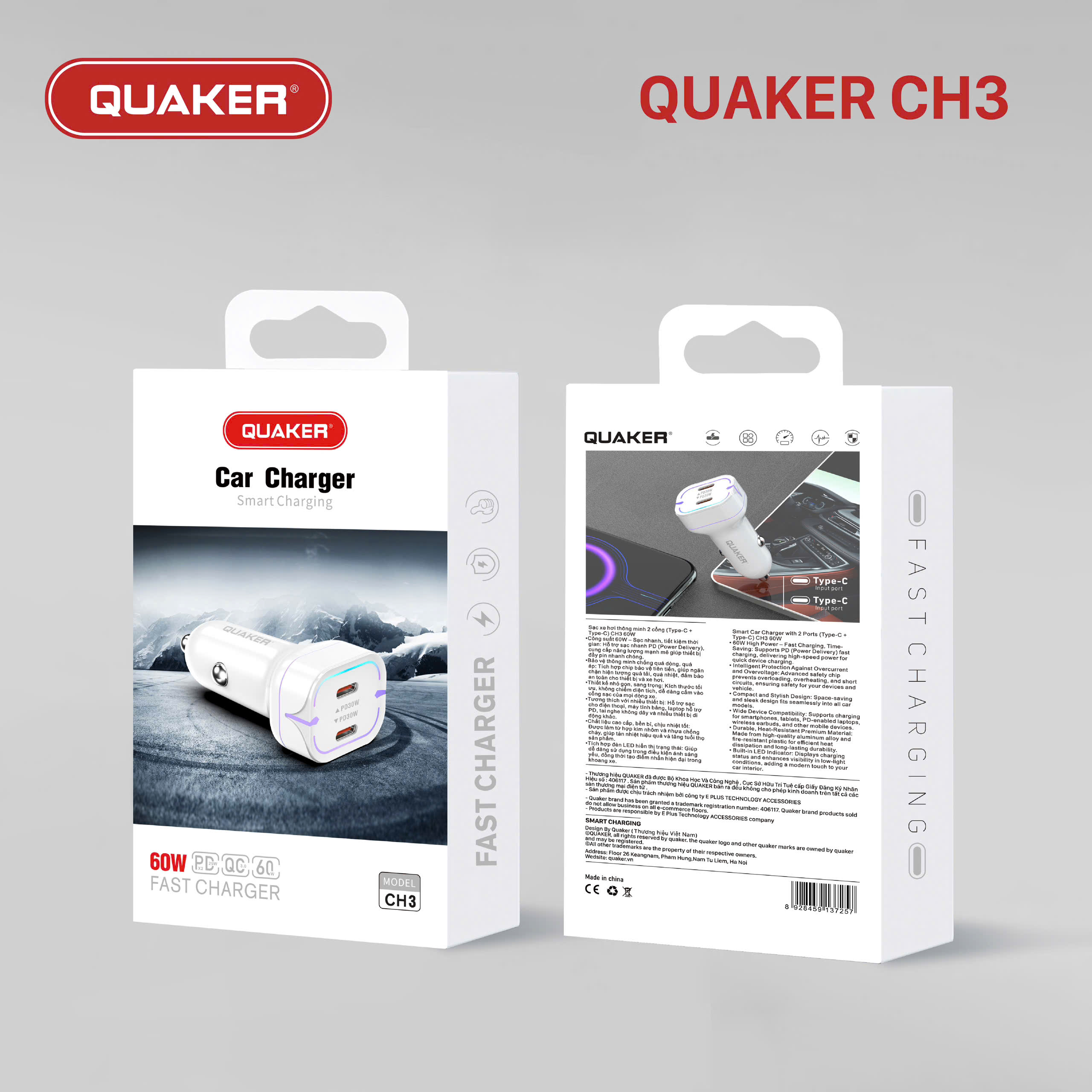 Sạc Xe Hơi Thông Minh Quaker CH3 – 2 Cổng Type-C, 60W