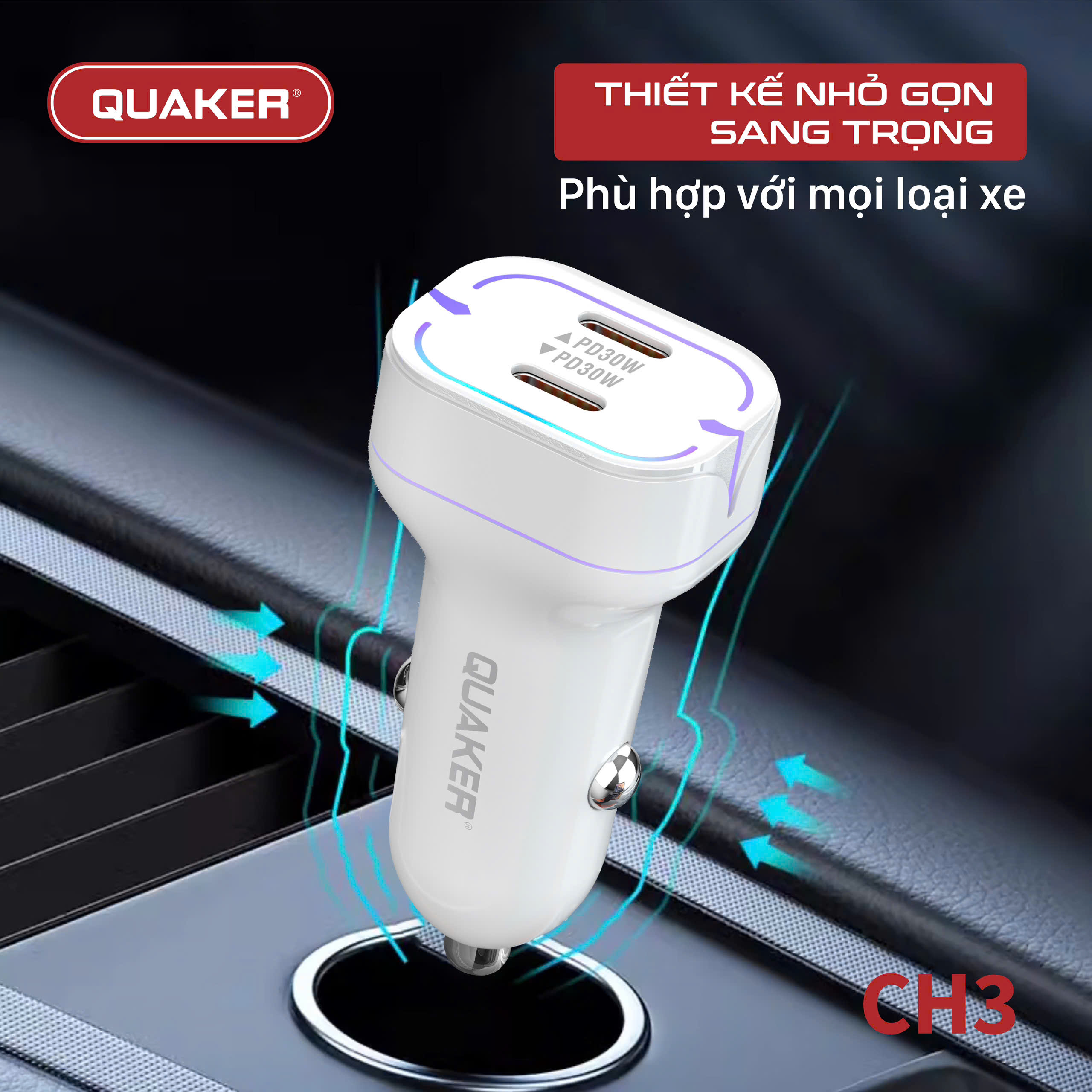 Sạc Xe Hơi Thông Minh Quaker CH3 – 2 Cổng Type-C, 60W