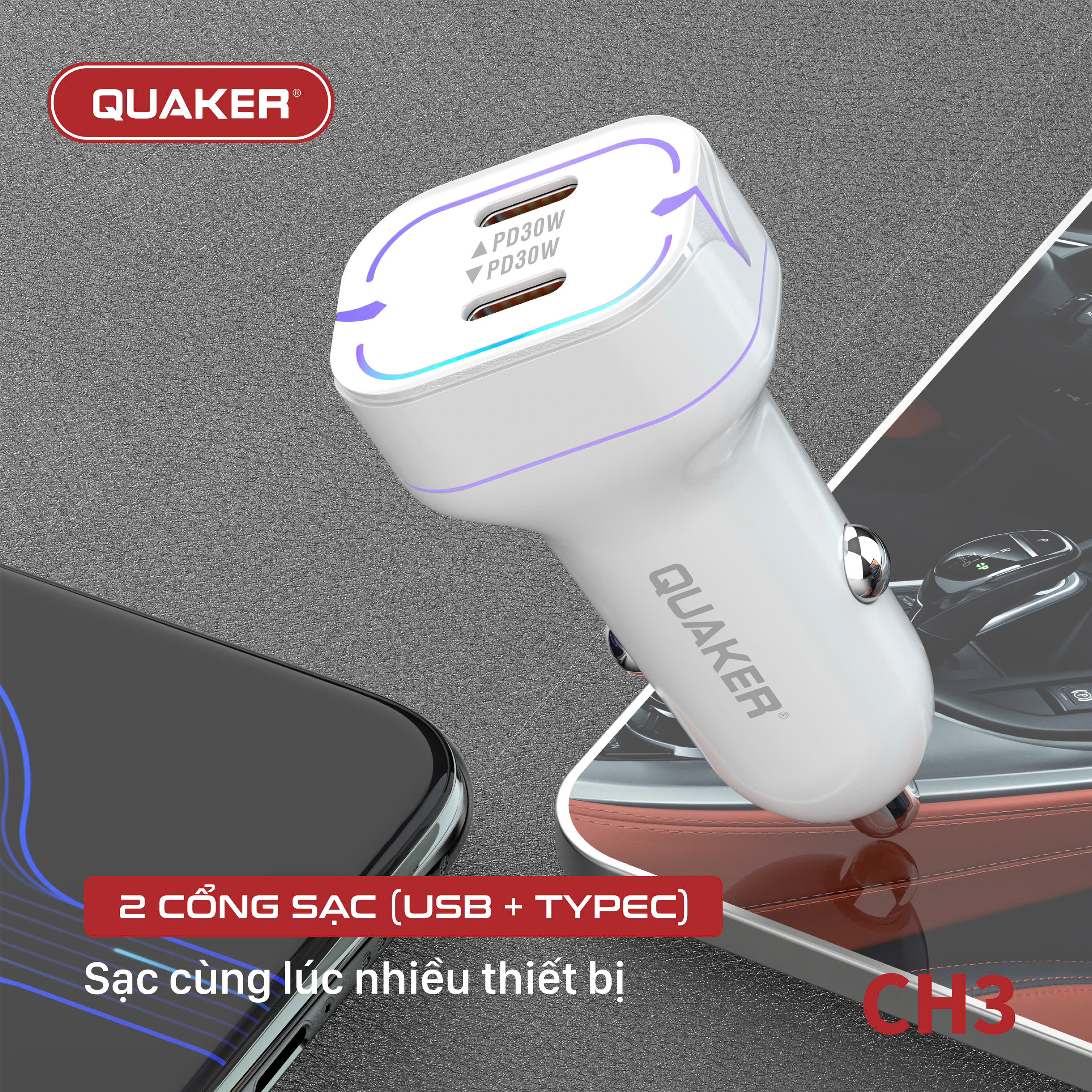 Sạc Xe Hơi Thông Minh Quaker CH3 – 2 Cổng Type-C, 60W