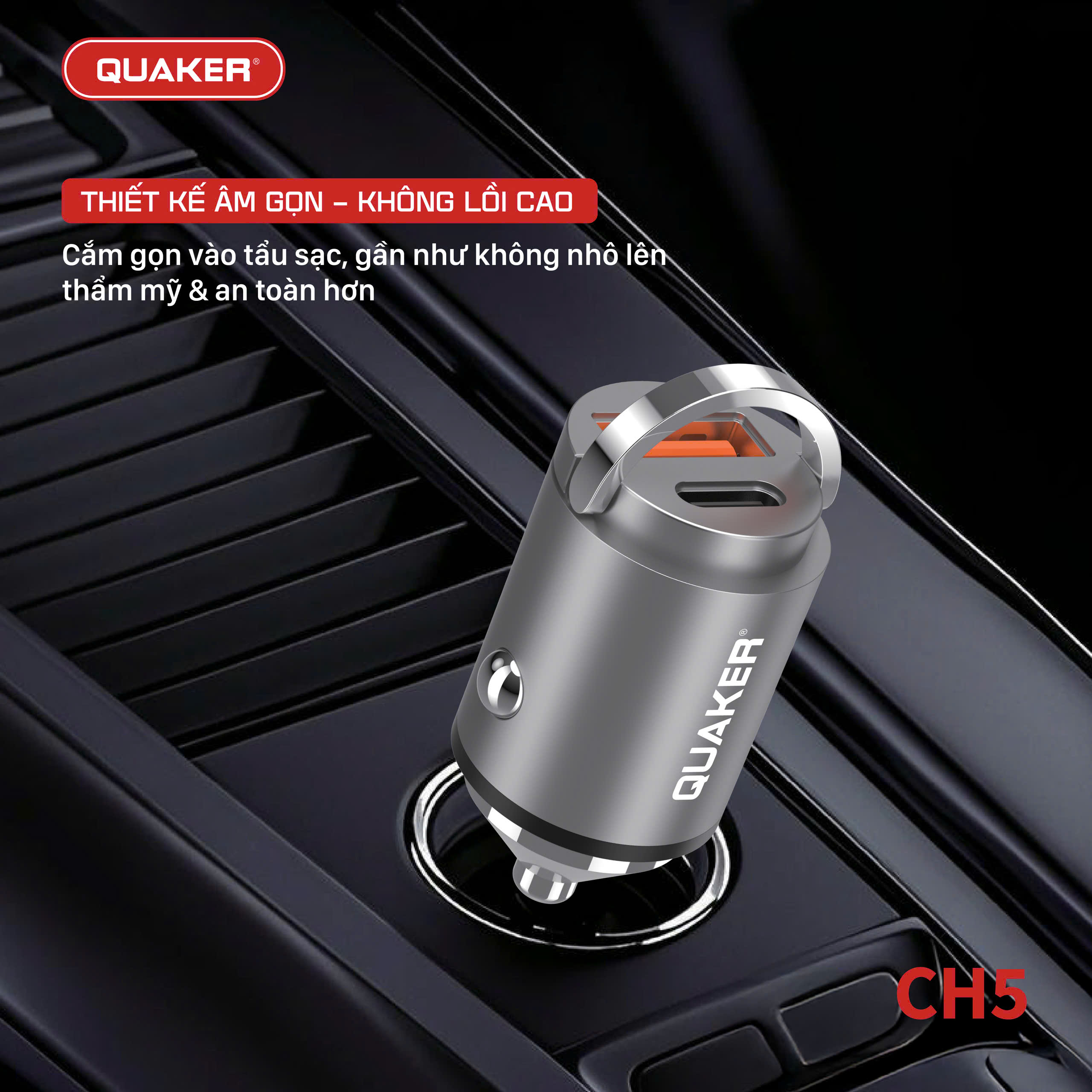 Quaker CH5 – Sạc Xe Hơi 2 Cổng 45W: Nhanh – An Toàn – Bền Bỉ