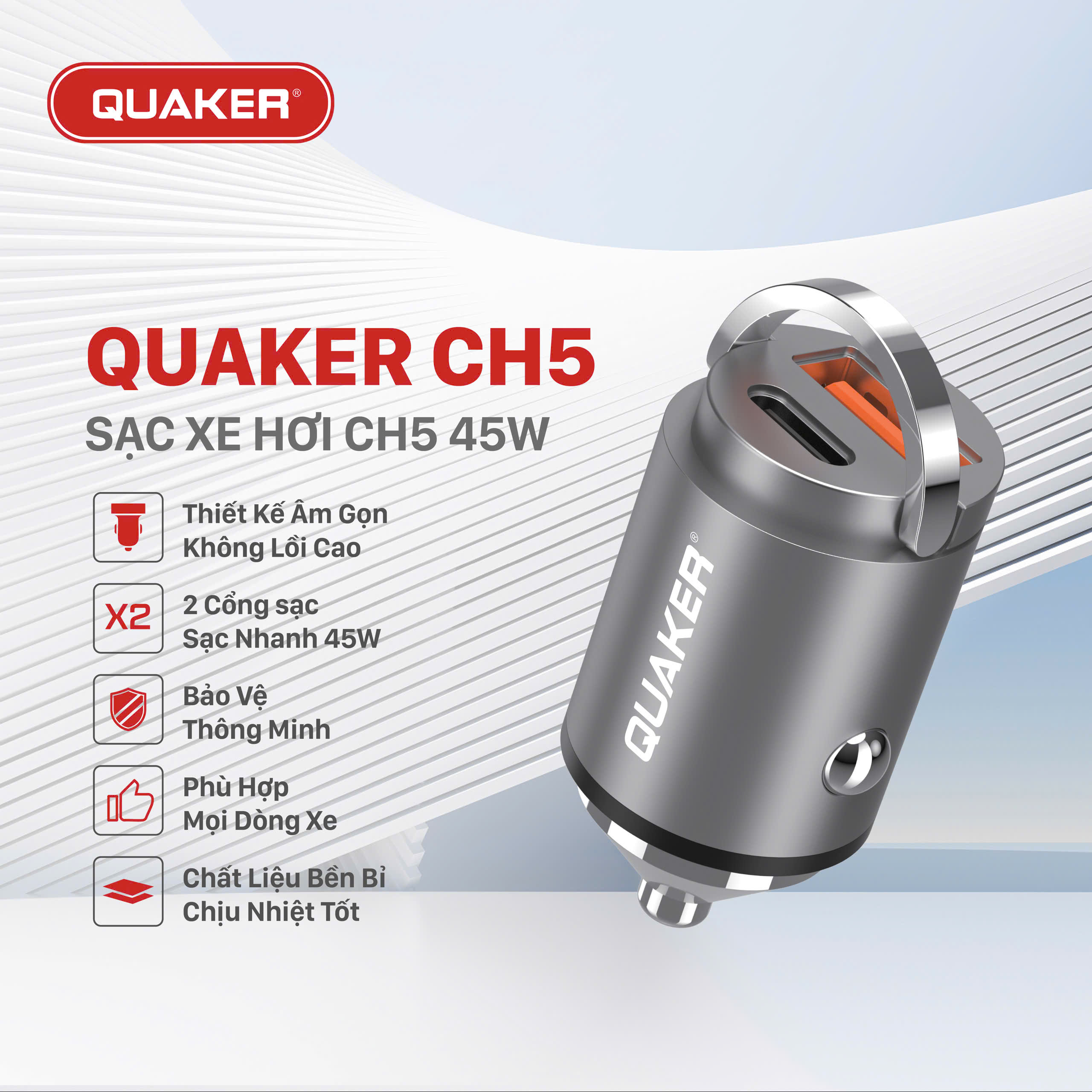 Quaker CH5 – Sạc Xe Hơi 2 Cổng 45W: Nhanh – An Toàn – Bền Bỉ