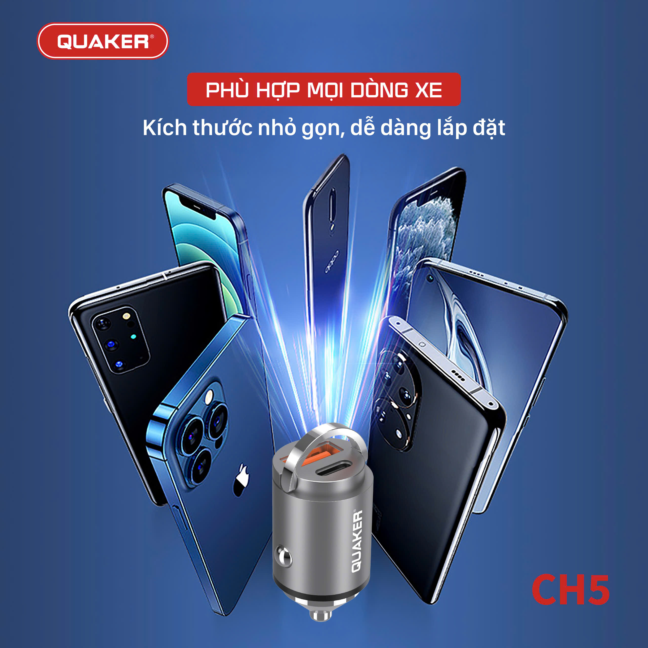 Quaker CH5 – Sạc Xe Hơi 2 Cổng 45W: Nhanh – An Toàn – Bền Bỉ