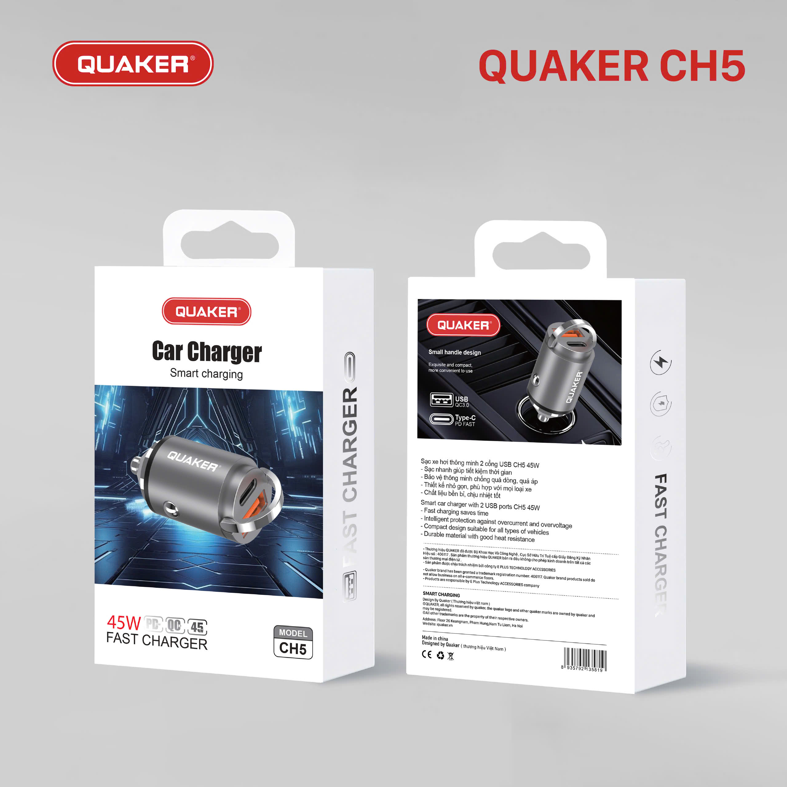 Quaker CH5 – Sạc Xe Hơi 2 Cổng 45W: Nhanh – An Toàn – Bền Bỉ