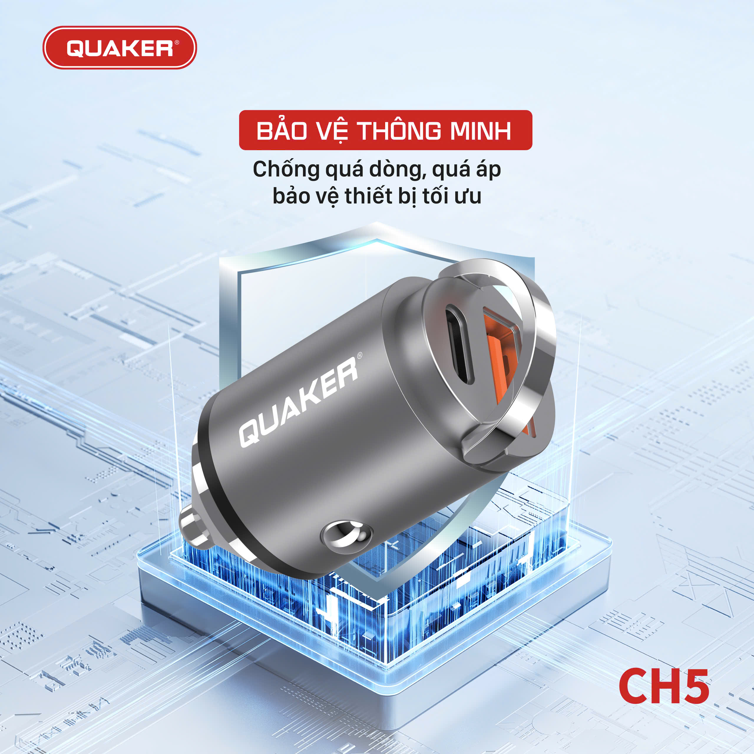 Quaker CH5 – Sạc Xe Hơi 2 Cổng 45W: Nhanh – An Toàn – Bền Bỉ