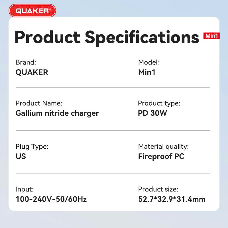 Củ Sạc Nhanh QUAKER Min1 – GaN Pro5 30W | Sạc Nhanh, An Toàn, Siêu Nhỏ Gọn